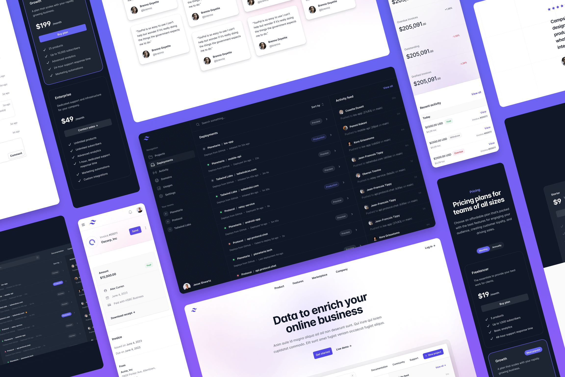 Un collage de ejemplos de páginas rediseñadas y componentes para Tailwind UI